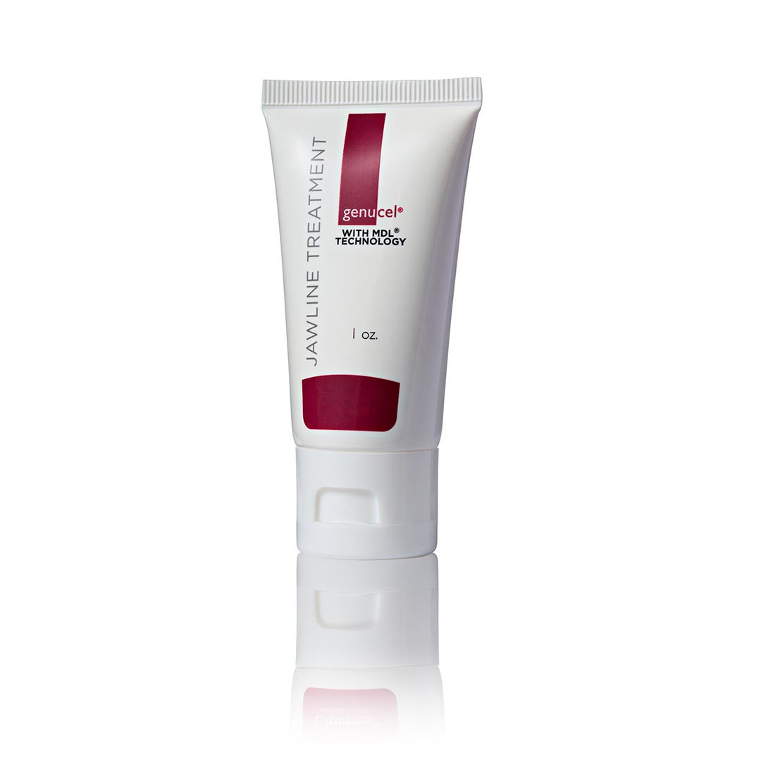 Skincare tube with red label on a white background