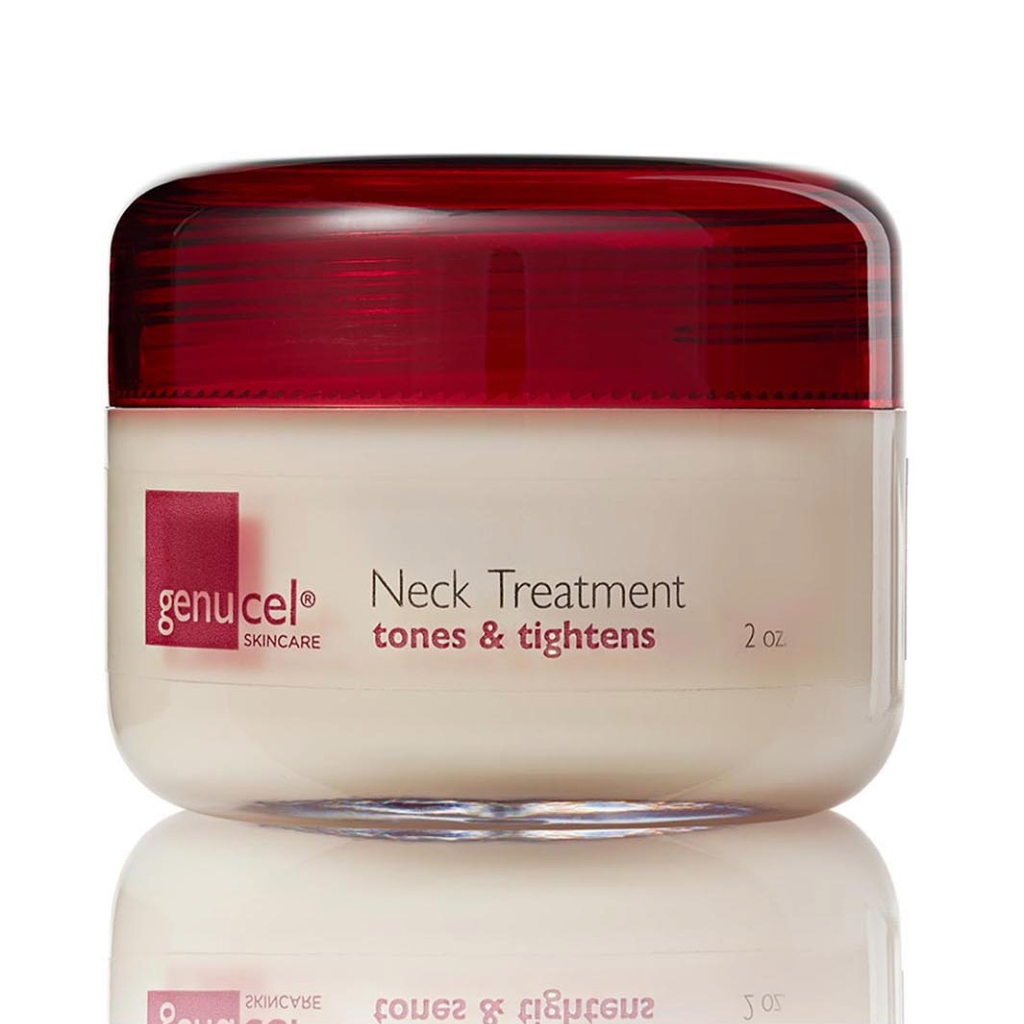 Genucel neck treatment jar with red lid on a white background
