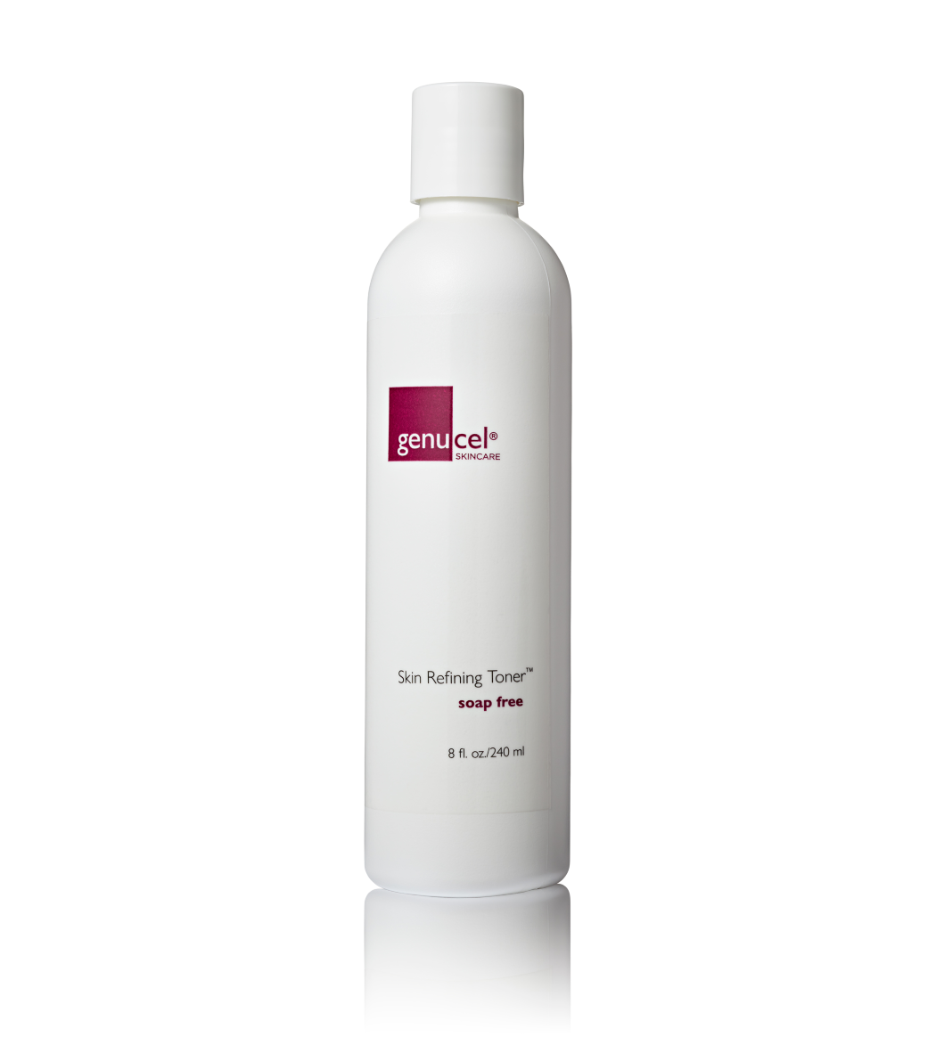 Genucel skin refining toner bottle on a white background