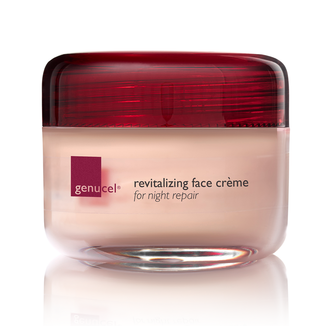 Genucel revitalizing face crème jar with red lid on a white background