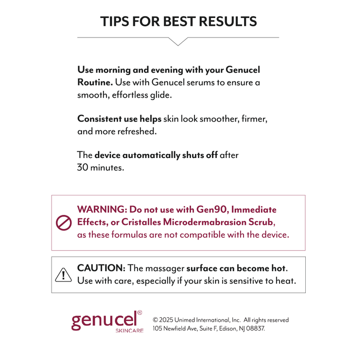 Genucel skincare product information sheet with tips for best results and usage instructions.